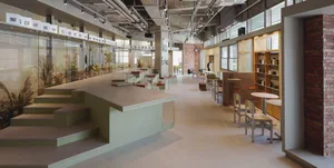 Modern cafe interior with concrete mix materials and minimalist design