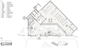 Floor plan of a modern office interior showing various functional zones and spaces.
