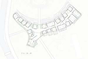 Floor plan of residential buildings on a paper sheet with white background and grid lines.