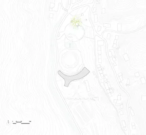 Landscape plan featuring lines representing contours and structures, with a circular feature and green areas.