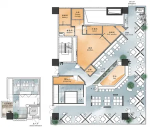 Detailed floor plan of a restaurant interior with various functional zones including kitchen, dining areas, and bar.