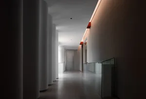A minimalist corridor featuring concrete walls and large glass panels.