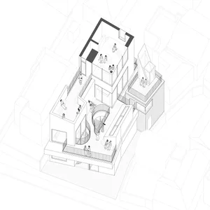 Modern urban plaza with concrete elements and rooftop seating.