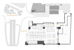 Floor plan of a restaurant with seating arrangements, kitchen, pantry, and display areas.