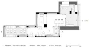 Interior floor plan layout of a coffee shop with three distinct zones: semi-outdoor coffee area, indoor coffee area, and serv