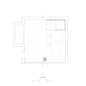 Minimalist house floor plan featuring glass, wood, and metal materials