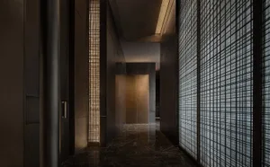 Modern leather curtain corridor with black marble floors