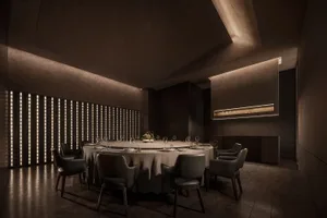 Modern restaurant interior with dark wood elements