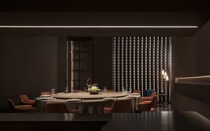 Modern restaurant dining room with round table and chairs
