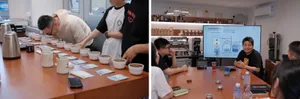 People seated at a table during a coffee training class with ceramic cups, metal kettles, a tea tray, and a blackboard screen