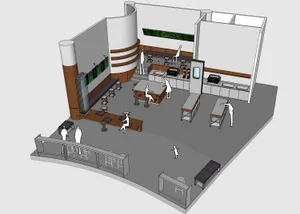 Modern restaurant kitchen with concrete, wood, and metal materials