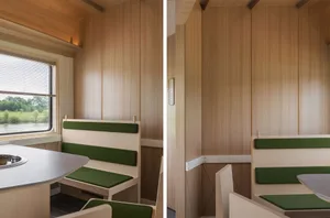 A modern restaurant private room with wooden walls and green fabric seating