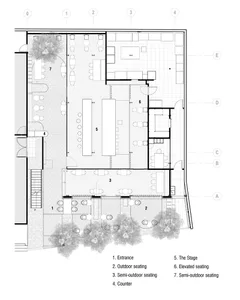 Floor plan of a restaurant featuring tiled flooring, tables, chairs, and greenery.