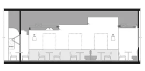 Floor plan of a cafe interior with wooden elements, tables, and chairs.