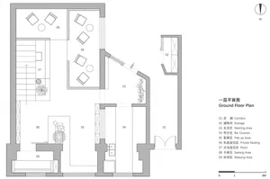 Floor plan of a modern restaurant bar featuring multiple seating areas, storage units, and a meeting area.