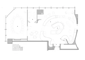 A detailed floor plan of an office space, including hallways, meeting rooms, and a cafe counter.