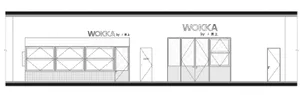 Floor plan of a retail storefront with glass walls, metal railings, and concrete floor.