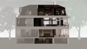 Modern architectural interior featuring wood, glass, metal, and concrete materials.