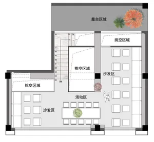 Floor plan of a two-story office space with designated areas for different functions.