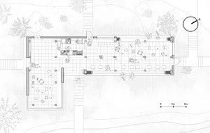 A detailed 2D technical drawing of a modern co-working space with wood, concrete, and glass materials.