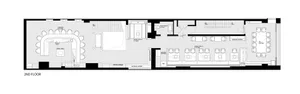 Floor plan of a modern restaurant on the second floor, featuring multiple dining areas with chairs and tables, a VIP area, wo