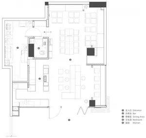 Detailed blueprint of an industrial-style restaurant featuring metal accents.