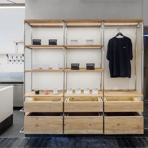 Wooden shelves and clothing storage in a retail storefront