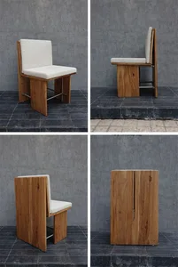 Four modern minimalist wooden chairs with white cushions, viewed from different angles.