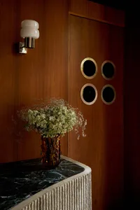 Modern lobby entryway featuring marble countertop and wooden details