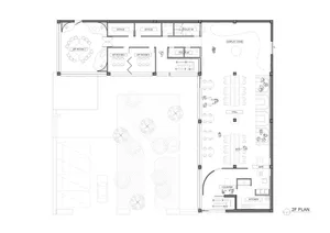 Floor plan of an office space showing office rooms, VIP rooms, display zones, restrooms, and a plan view of the area.