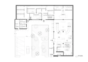 Floor plan of a restaurant interior showing various functional zones, including a hall, bar, open kitchen, counter, and dinin