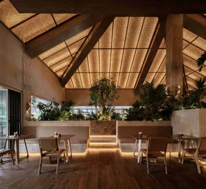 A modern restaurant interior with concrete walls, a triangular skylight, and potted plants.