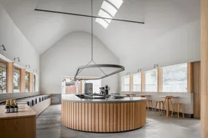 Modern cafe interior with wooden features