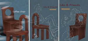 Illustration of a wooden coffee chair with a circular cutout in the backrest, featuring steam or smoke and the text 'Coffee C