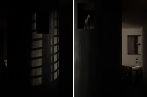 Dark interior with wooden walls and window shadows