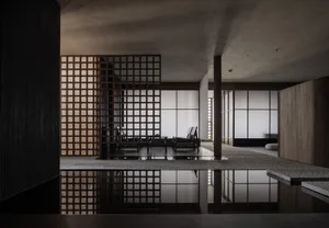 A modern interior space featuring wooden architectural elements and a reflective pool.