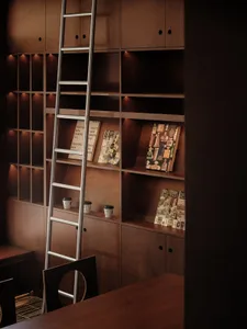 A modern library with wooden bookshelves and a ladder for accessing the higher shelves.