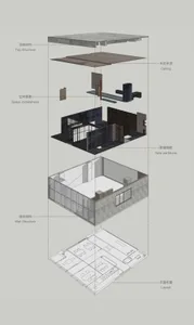 3D architectural rendering of an office space with concrete floors and walls, featuring an open-plan layout and industrial-st