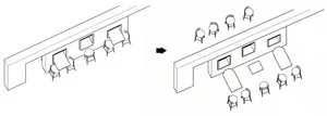 A detailed 2D architectural drawing depicting a modern office space with wooden flooring.