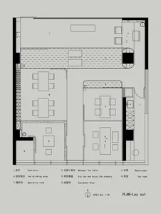 Floor plan of a restaurant showcasing tables, chairs, and other interior elements.