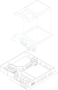Modern office space with a glass ceiling and open floor plan