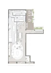 Floor plan of a commercial space with multiple functional zones, seating arrangements, and outdoor areas.