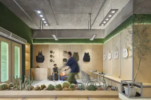 A modern industrial-style coffee shop with concrete, wood, and metal elements.