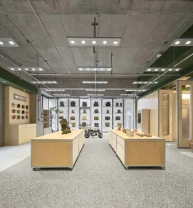 Industrial storefront with concrete walls and lighting fixtures