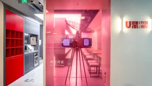 A contemporary co-working space featuring metallic elements.