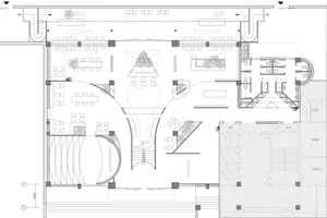 A detailed 2D architectural drawing of a modern office space with a central open area, multiple workstations, and a curved re