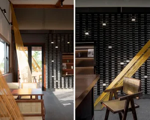 Modern interior design featuring wooden furniture and walls.