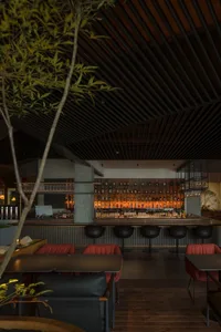 Modern restaurant bar interior with wood, concrete, and metal elements