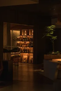An interior design featuring a modern wine bar with wooden finishes and illuminated shelves.