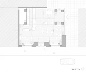 Floor plan of a commercial interior design with neutral colors and layout.